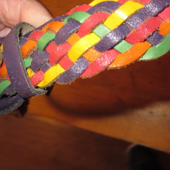 boho hippie braided rainbow colored leather belt purple buckle ladys med - Picture 2 of 4